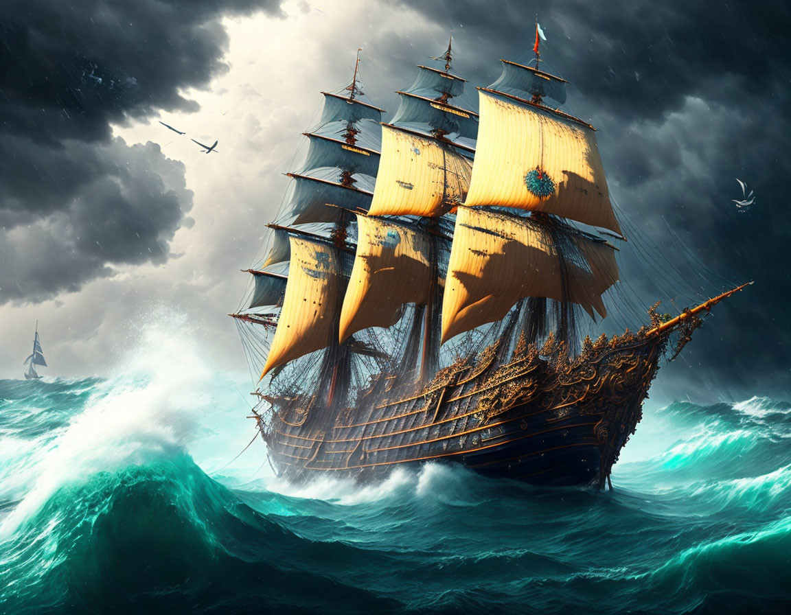 Tall ship sailing through stormy seas with billowing sails