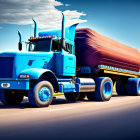 Blue semi-truck with red covered cargo on highway under clear sky