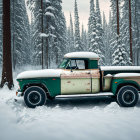 Snowy forest scene with vintage pickup truck under winter sky