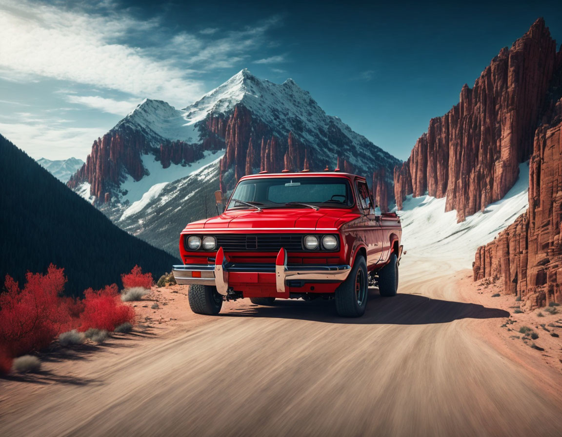 Vintage Red Truck Driving Through Desert Canyon with Snow-Capped Mountain in Background