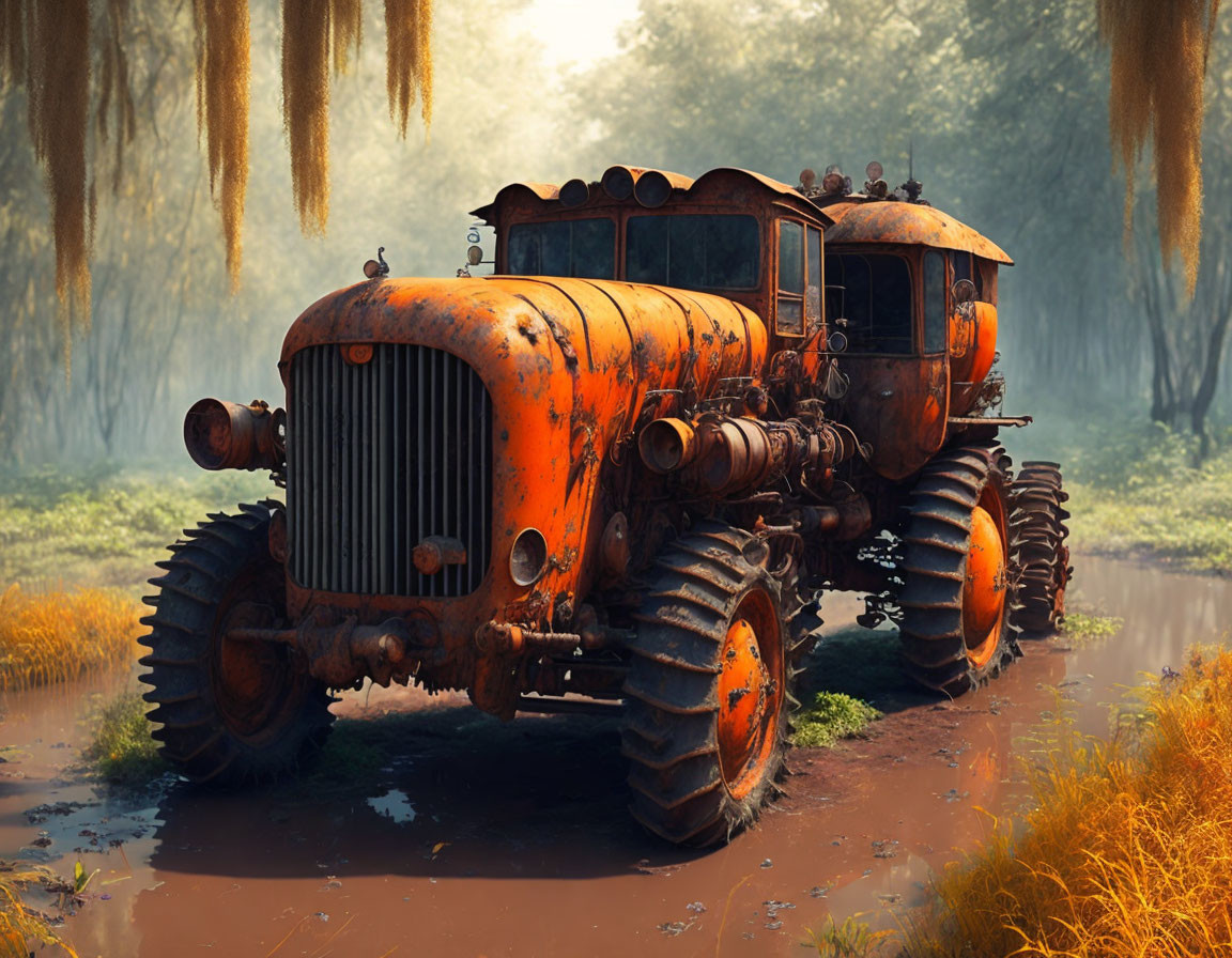 Rusty orange tractor in muddy, forested area with large wheels