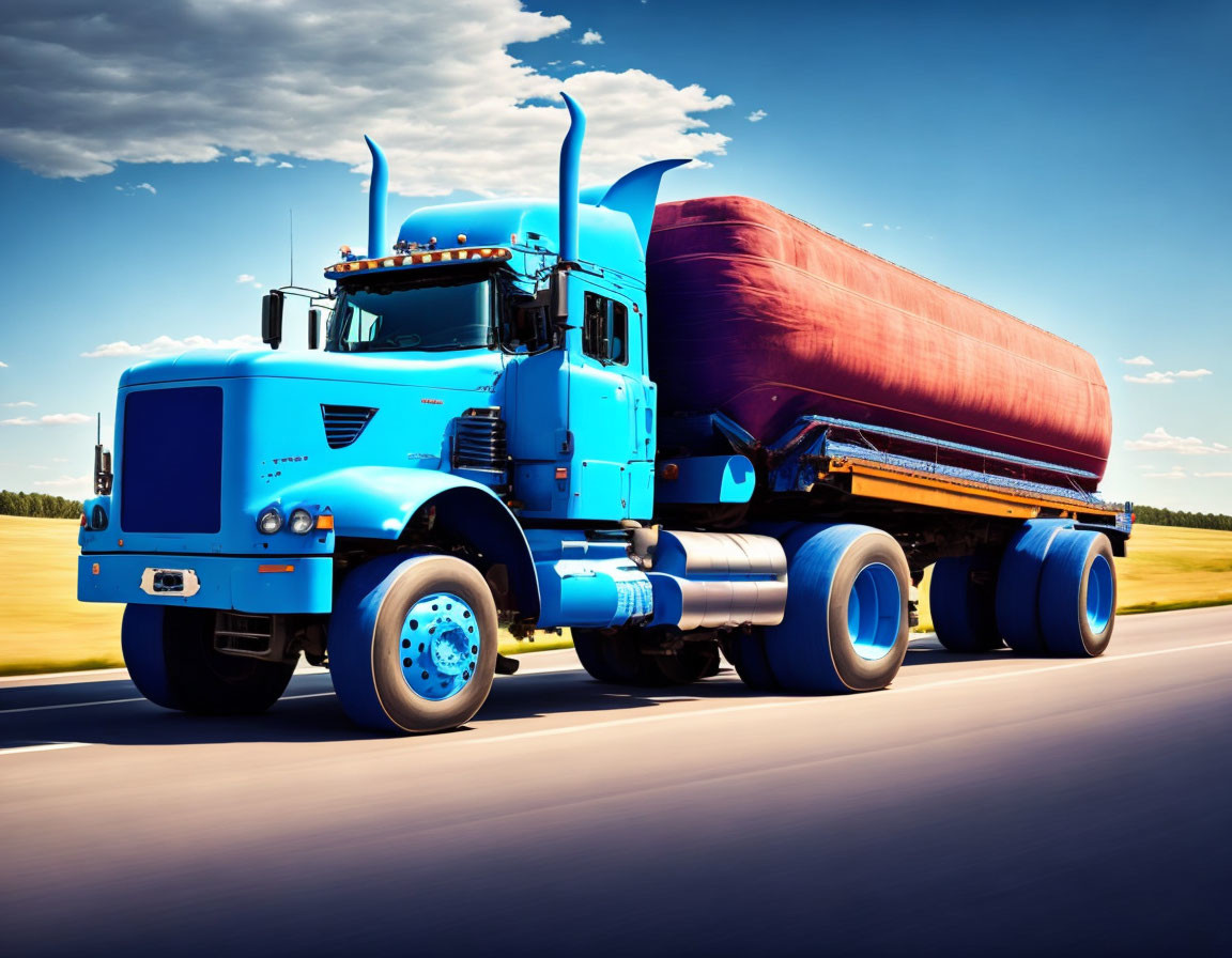 Blue semi-truck with red covered cargo on highway under clear sky