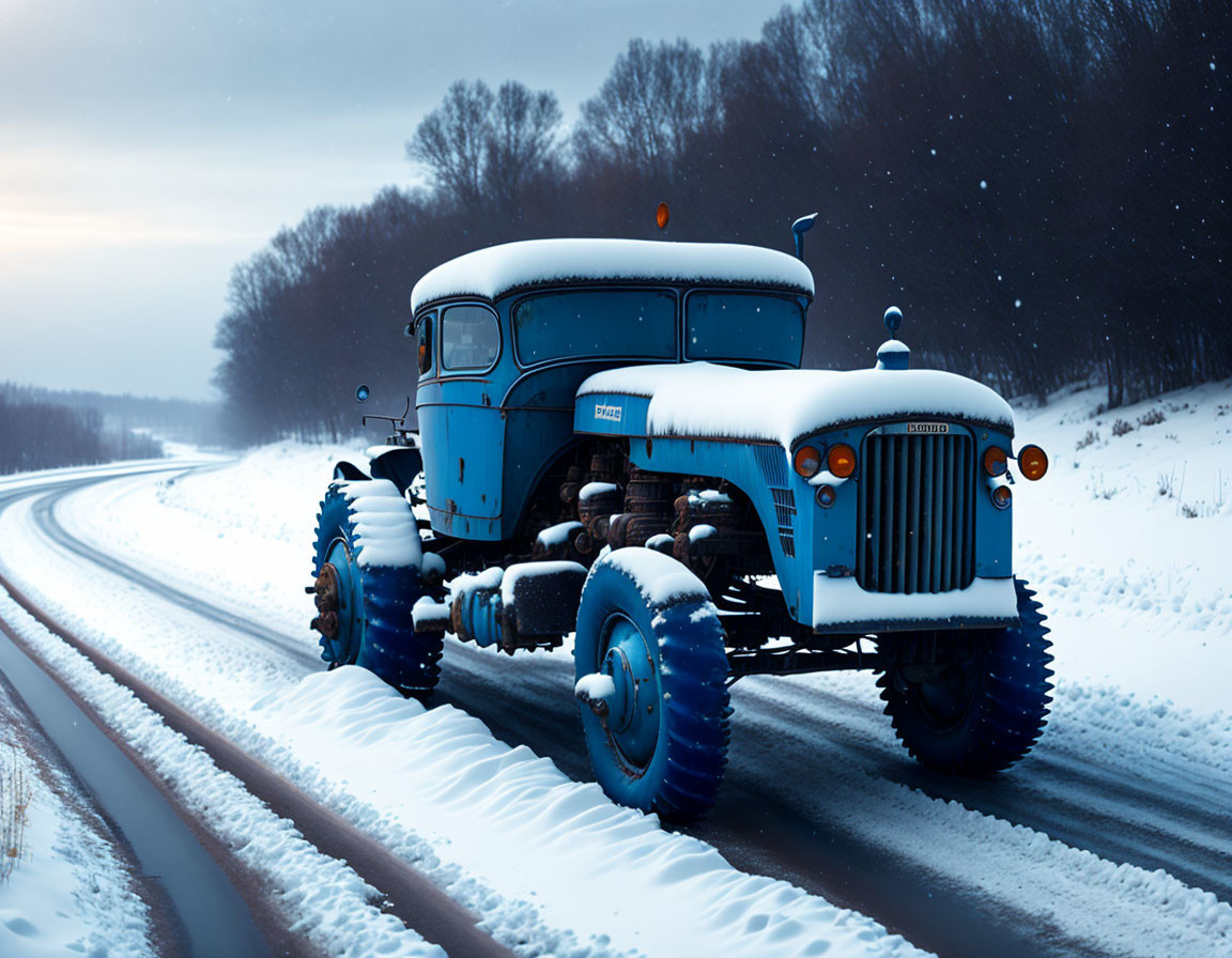 Vintage Blue Tractor in Snowy Wintry Scene