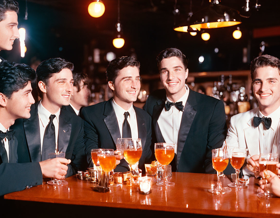 Young Men in Suits and Bow Ties Enjoying Drinks at Bar