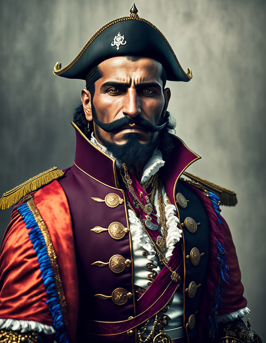 Digital artwork: Stern pirate captain in tricorn hat, navy and red coat with golden buttons, lace