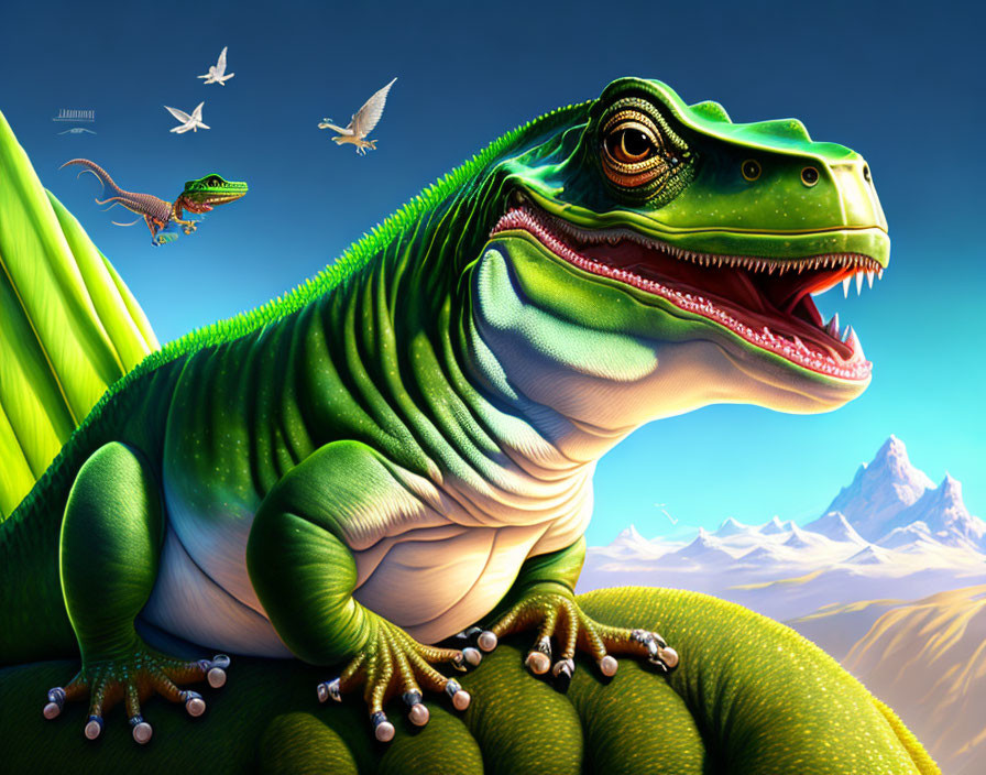 Vibrant illustration: Smiling green dinosaur with mountain backdrop