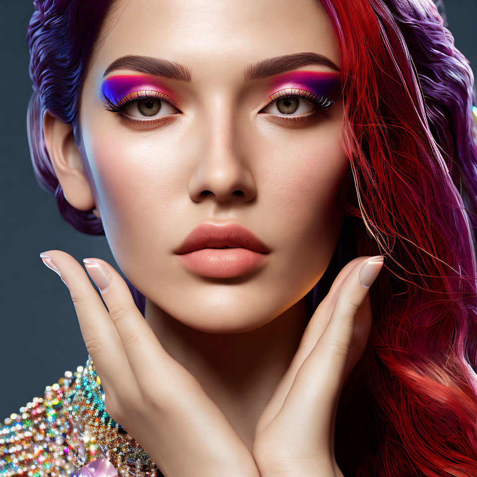 Vibrant red and purple hair woman with bold makeup and stylish nails