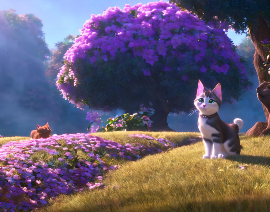 Two cats in outdoor setting with purple flowering trees.