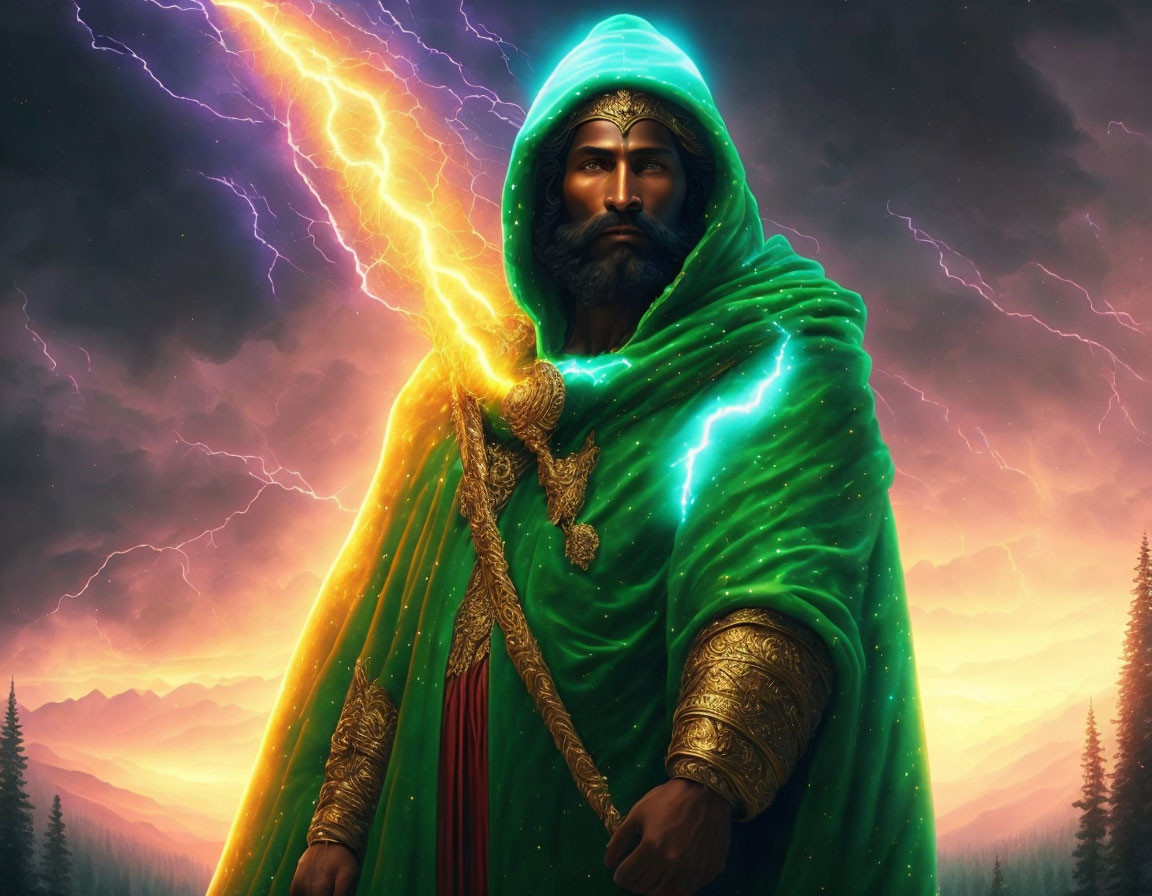 Bearded figure in green cloak wields glowing sword under stormy sky