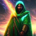 Bearded figure in green cloak wields glowing sword under stormy sky