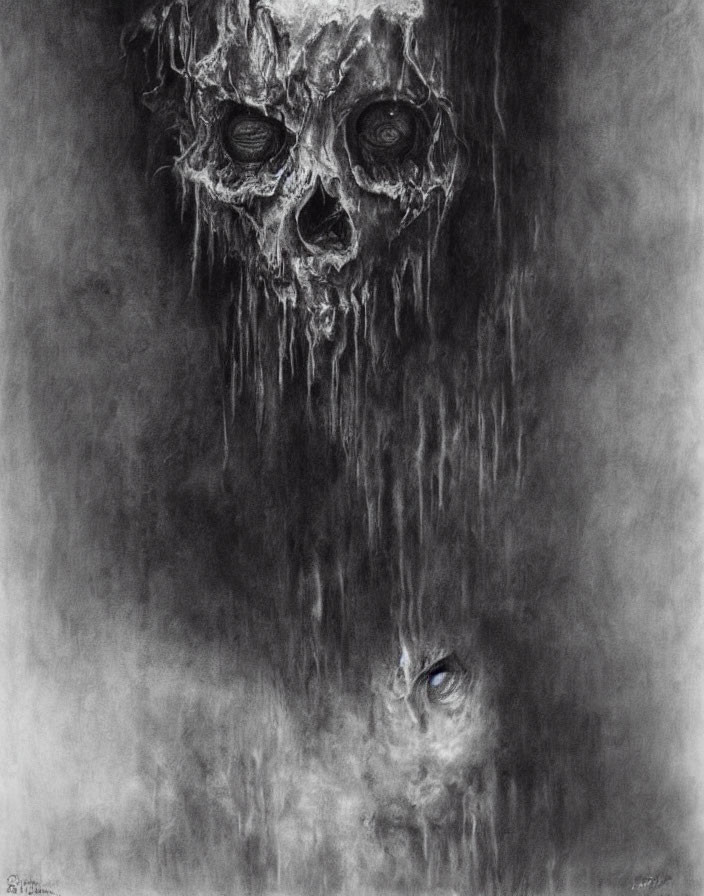 Monochrome drawing of a melting skull in spectral streams