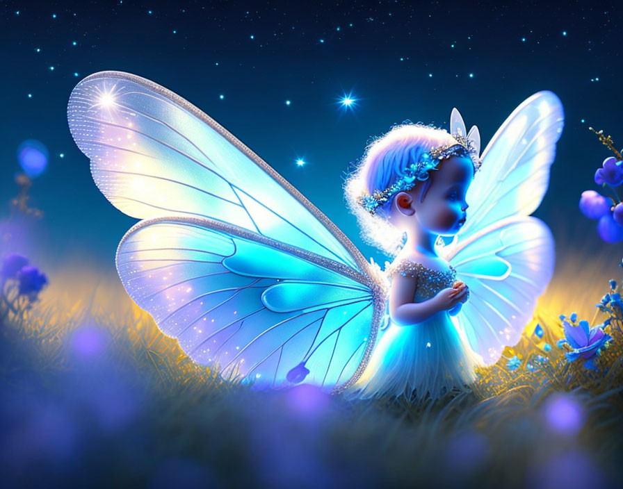 Whimsical fairy child with glowing blue wings in starlit night among flowers