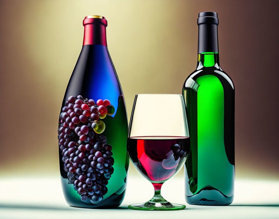 Wine Bottles and Glass on Gradient Background with Grape Cluster Design