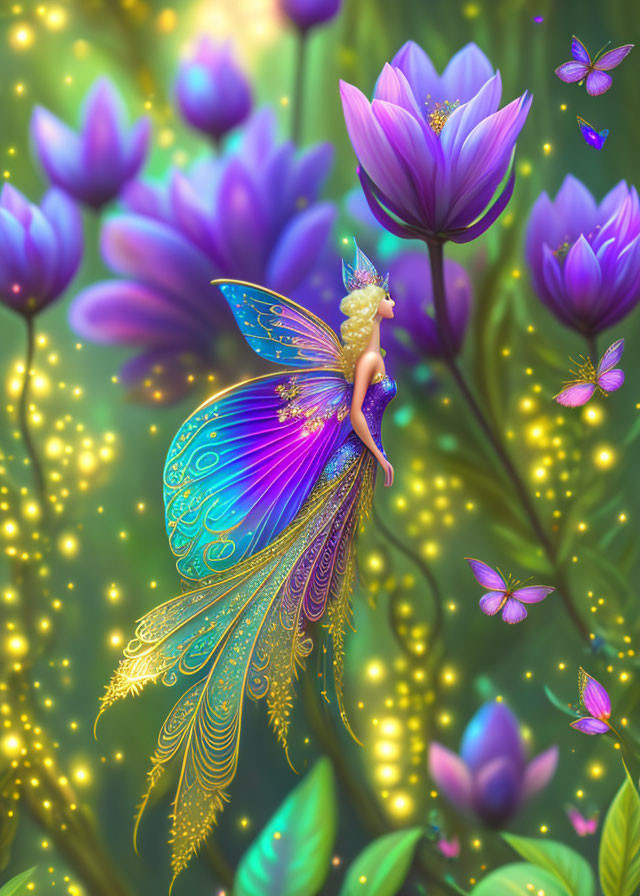 Colorful fairy with iridescent wings in purple flower garden.