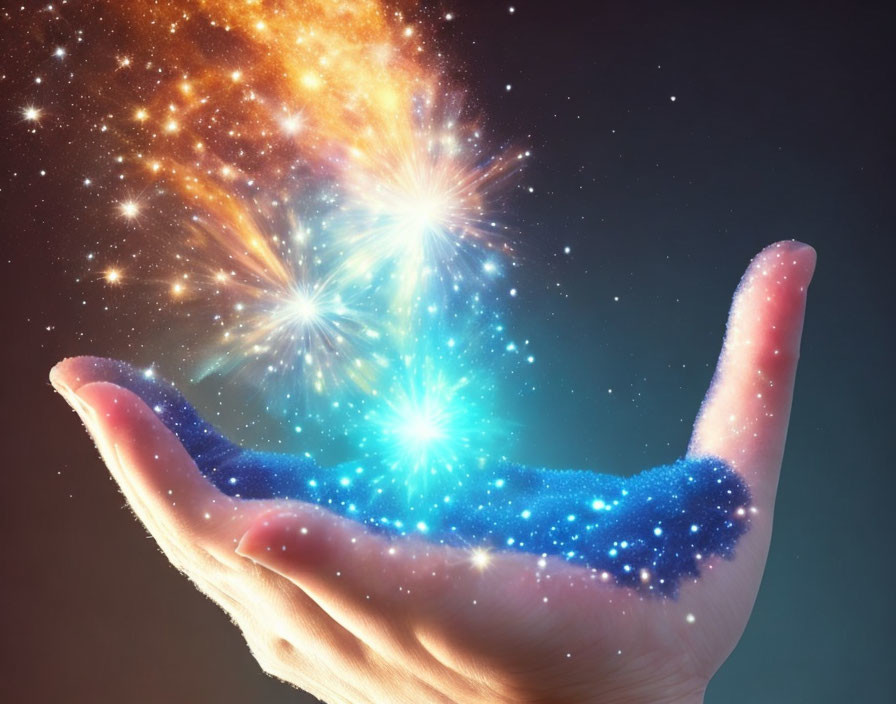 Cosmic energy burst held by open hand against dark space background