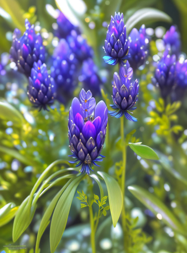 Blue-purple pointed petal flowers in fresh garden scene