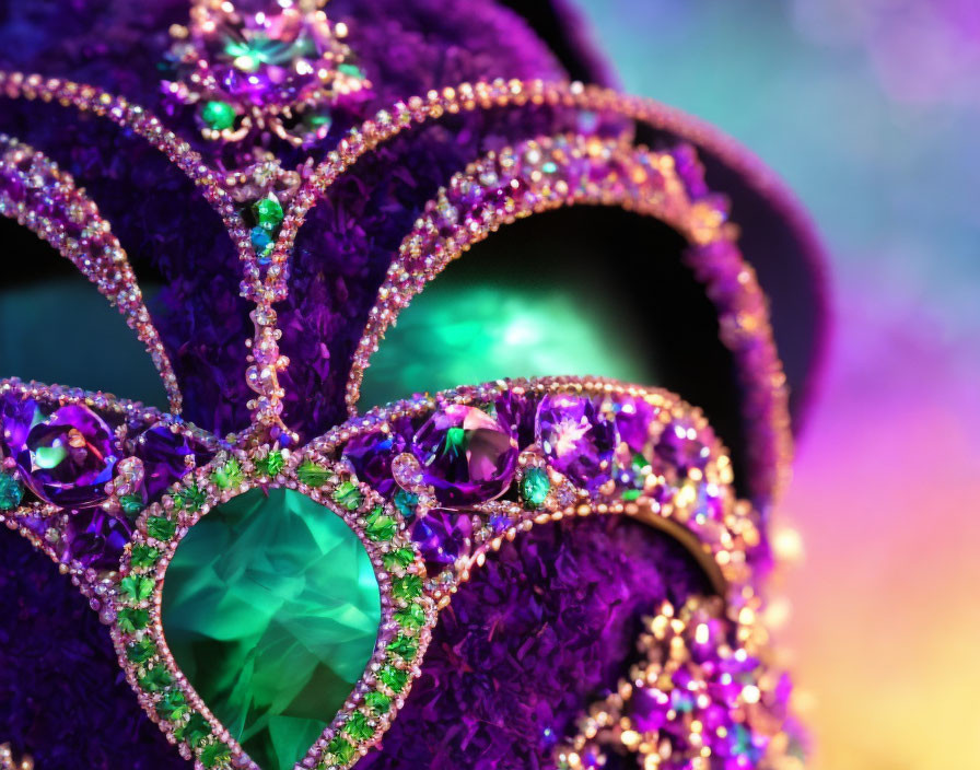 Colorful Venetian Mask with Purple Rhinestones and Green Gemstones on Bokeh Background