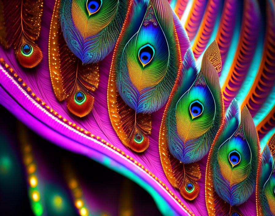 Colorful Peacock Feathers Displayed on Purple and Pink Spirals