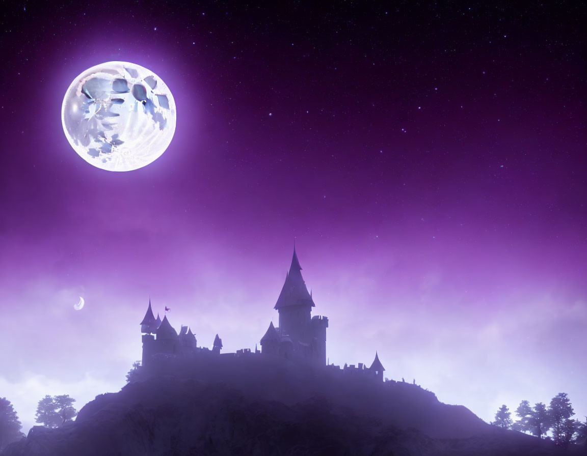 Silhouette of mystical castle in night sky with moon and stars in purple mist