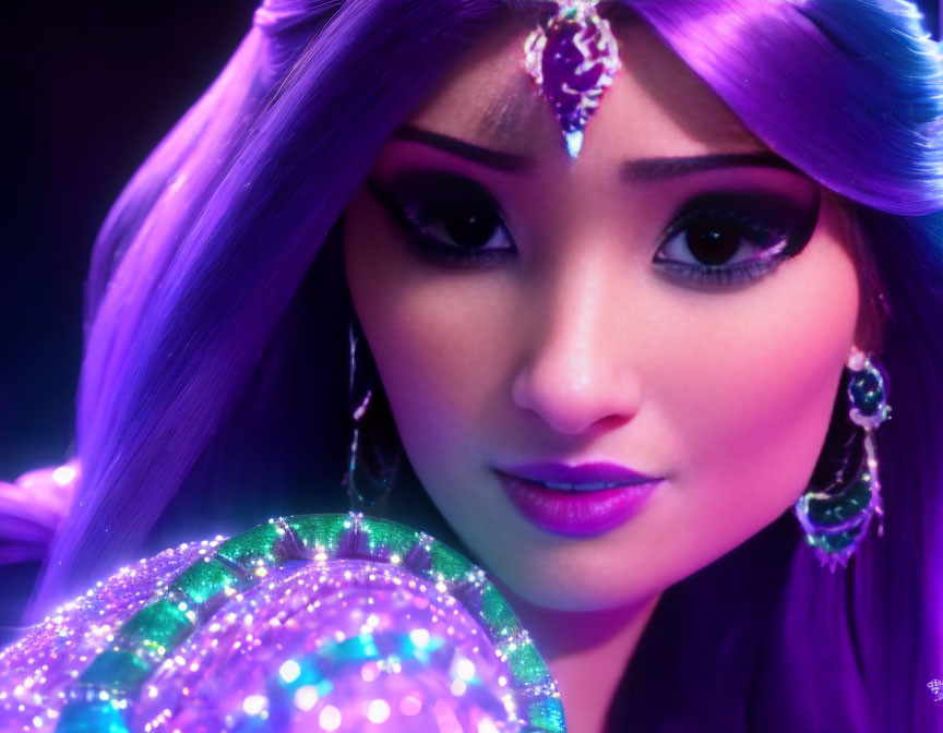 3D animated character with purple hair and dramatic makeup in green outfit against dark background