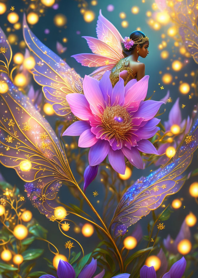 Illustration of winged humanoid on purple lotus with orbs and golden light strands