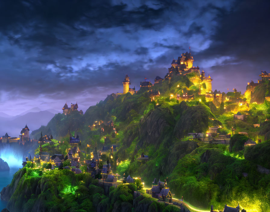 Fantasy-style village on rocky hills under starry sky