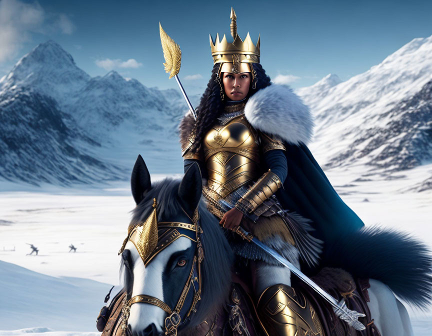 Regal warrior queen in golden armor on horseback against snowy mountain.