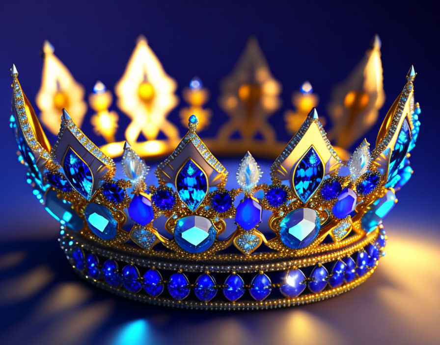 Golden Crown with Blue Gems and Glowing Light on Blue Background