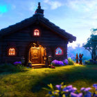 Thatched roof wooden cottage surrounded by purple flowers at twilight