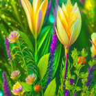 Vibrant yellow and purple butterflies on purple flowers with sunlight on lush green background