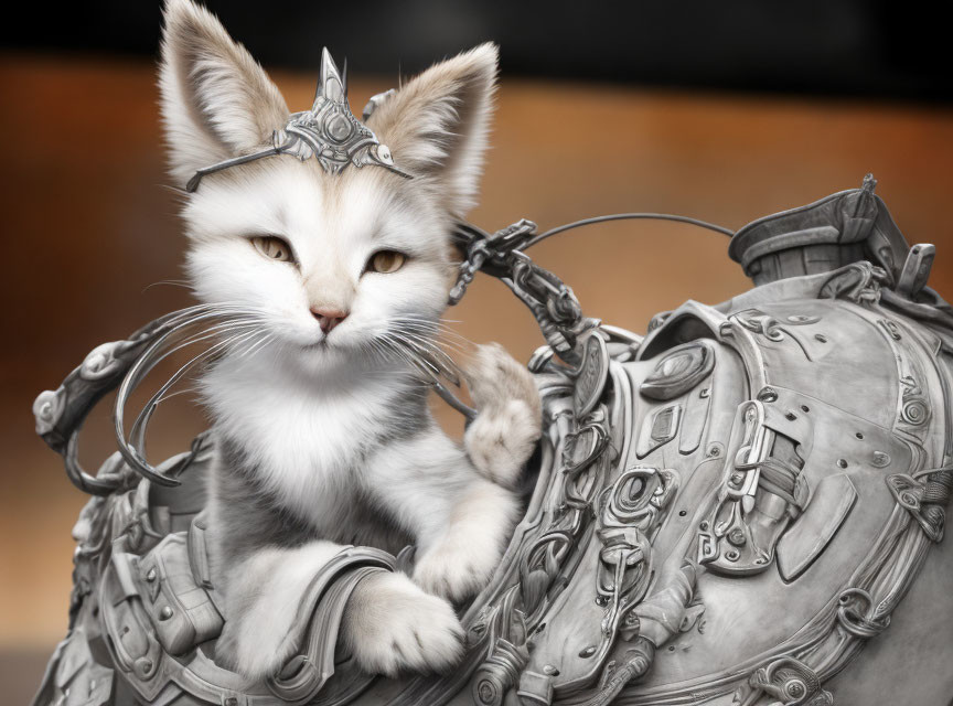 Cat in decorative helmet on intricate mechanical contraption