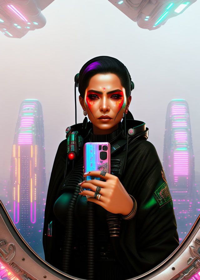 Futuristic woman with cybernetic enhancements and glowing makeup holding a smartphone in neon-lit city