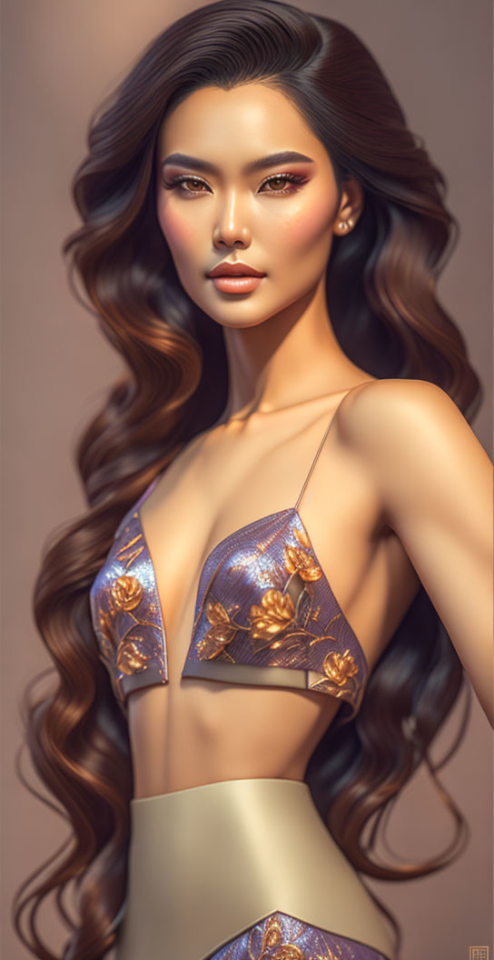 Digital illustration of woman with long, wavy hair in glam makeup, wearing metallic gold and purple outfit