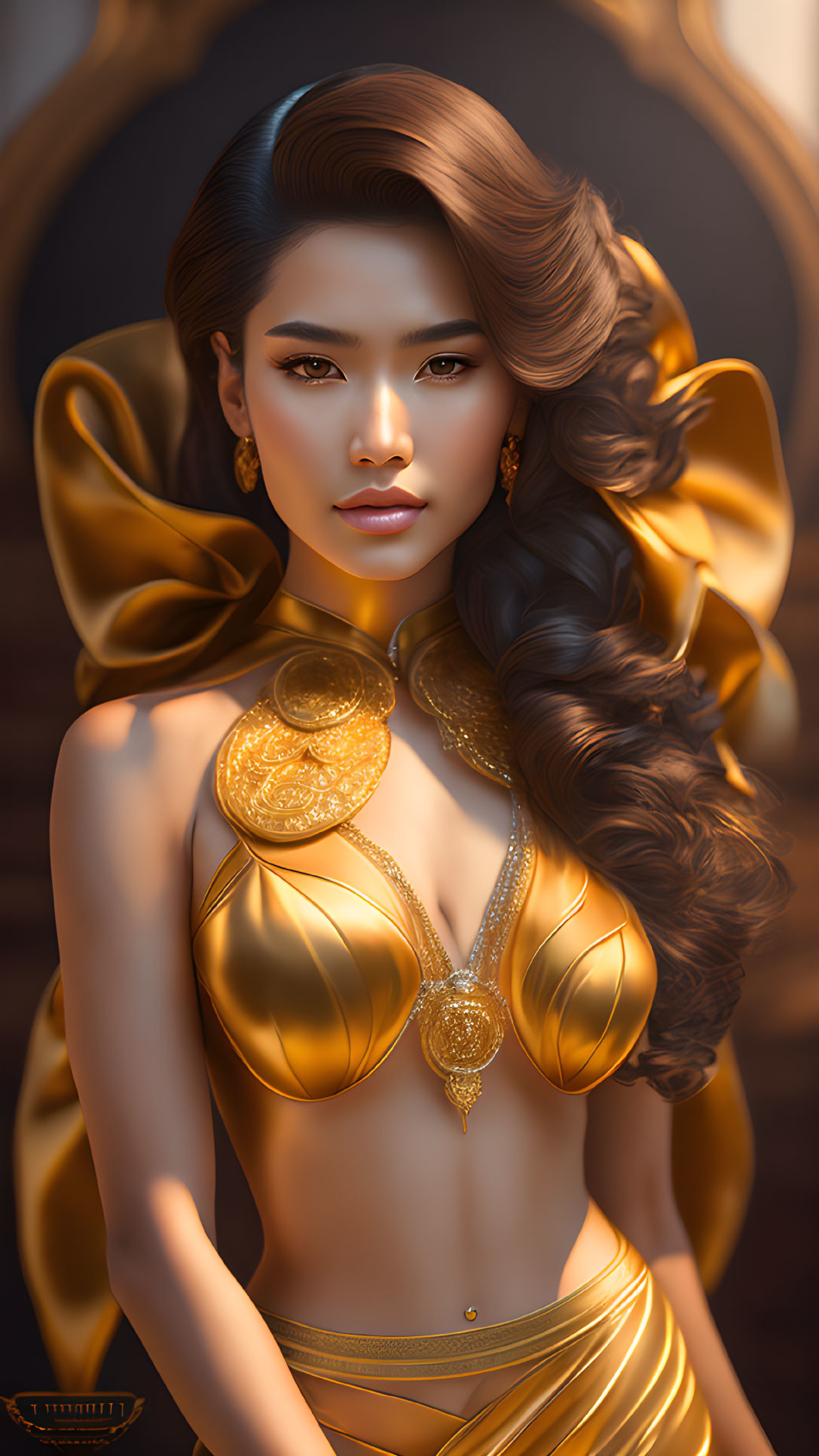 Detailed Illustration of Woman in Luxurious Gold Attire