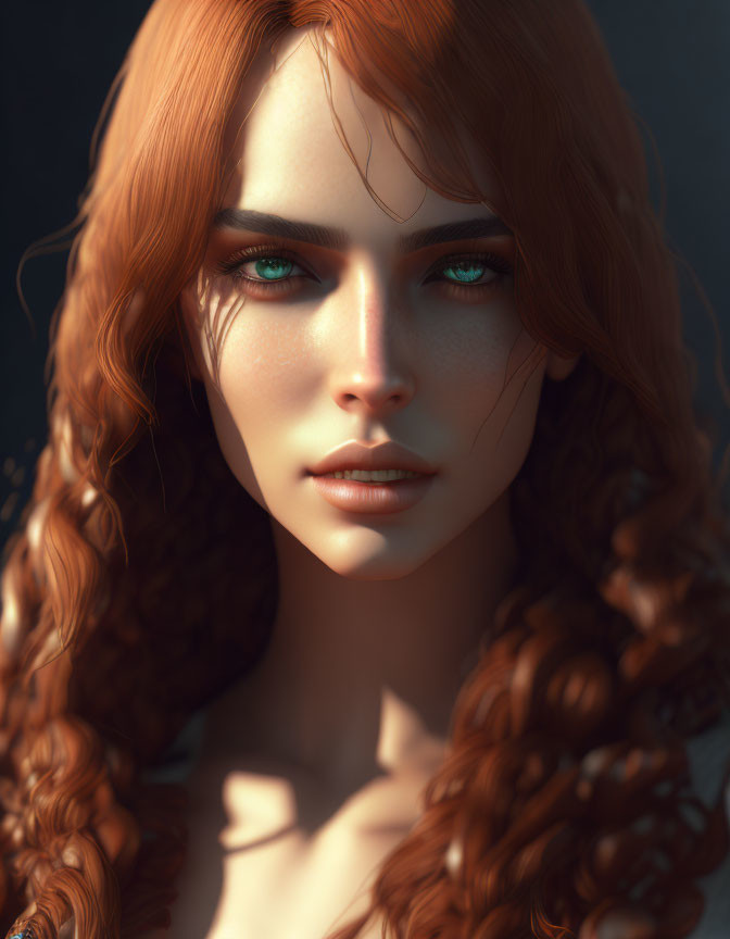 Curly Auburn-Haired Woman Portrait with Green Eyes