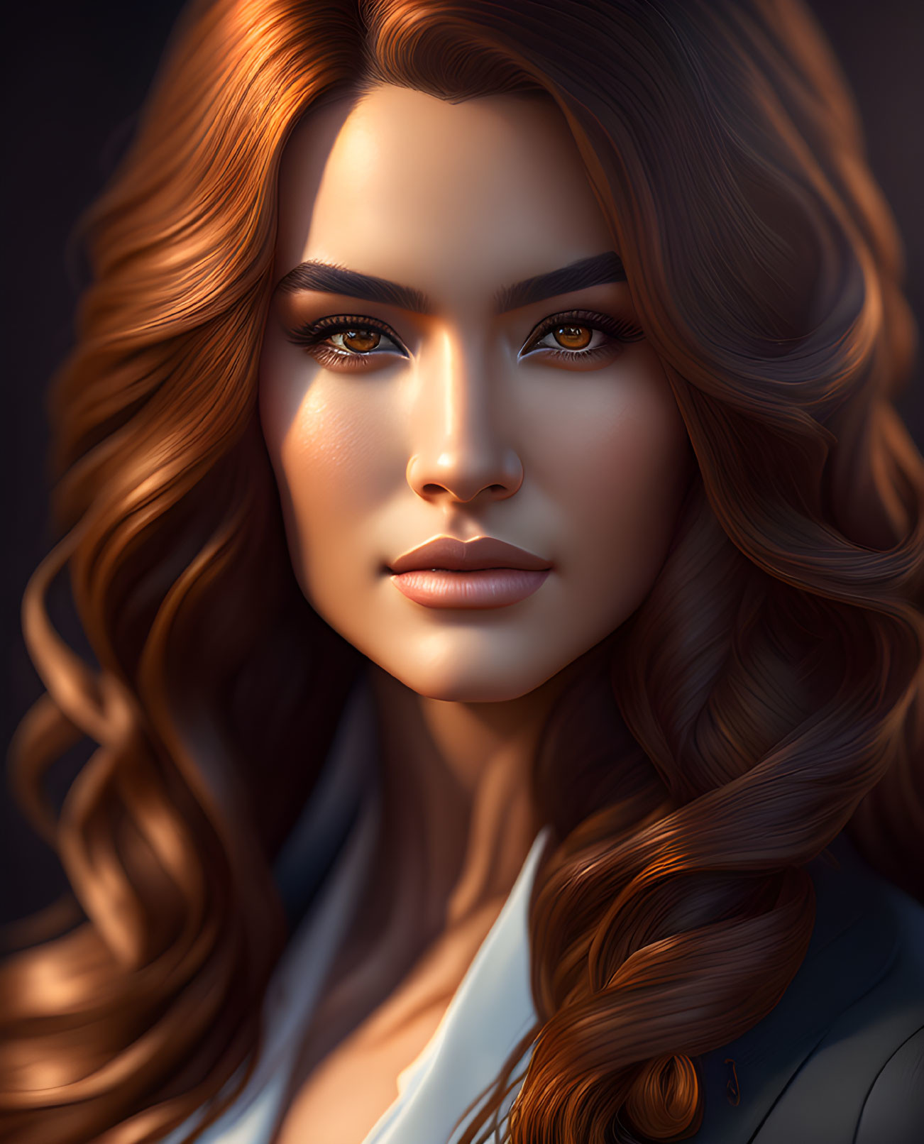 Auburn-haired woman portrait with warm lighting on dark background