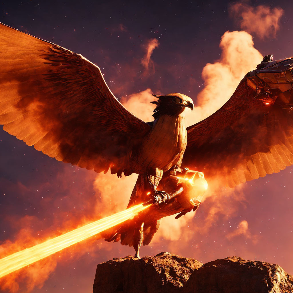 Majestic eagle soaring with fiery talons against dramatic sky.