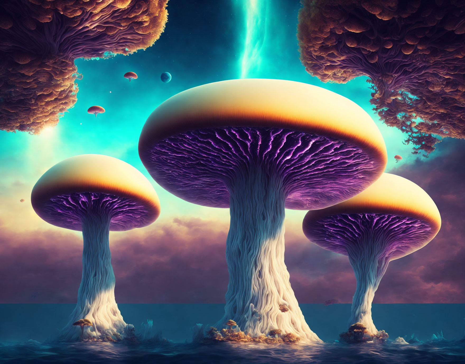 Surreal landscape with oversized mushroom-like trees and floating islands under purple underglow