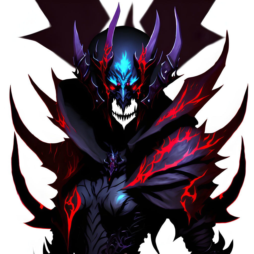 Menacing figure with glowing red eyes and skull-like face in dark armor.