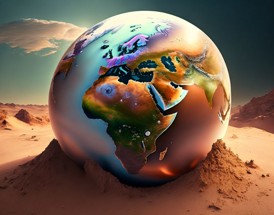 Reflective Globe Resting on Sandy Desert with Dunes and Sky