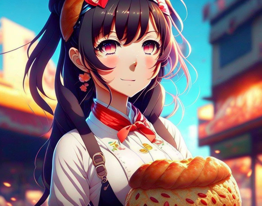 Brown-haired animated girl with red ribbons smiling, holding bread