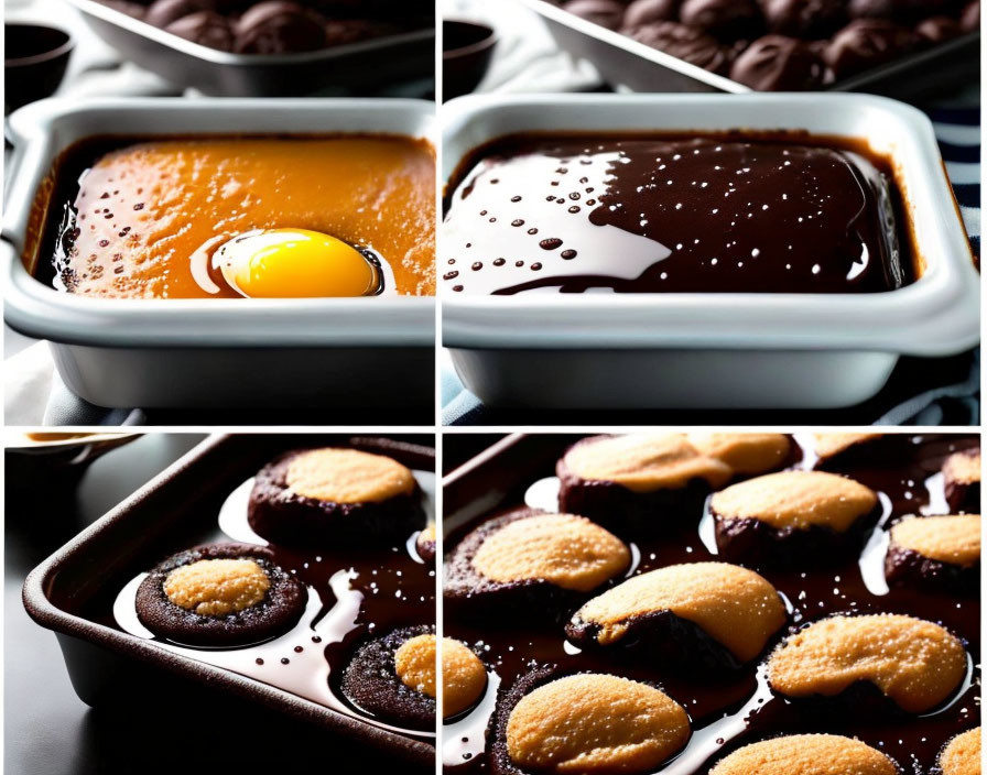 Dessert Preparation Stages: Egg and Chocolate Mixing, Sauce Topping, Baked Cookies in