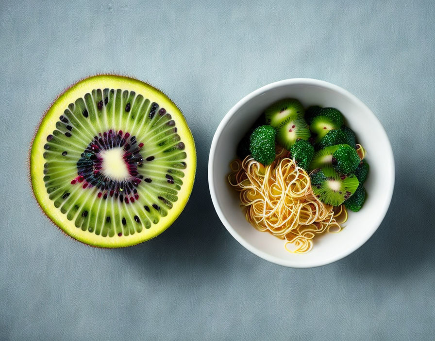 Sliced Kiwis and Halved Kiwifruit on Grey Background