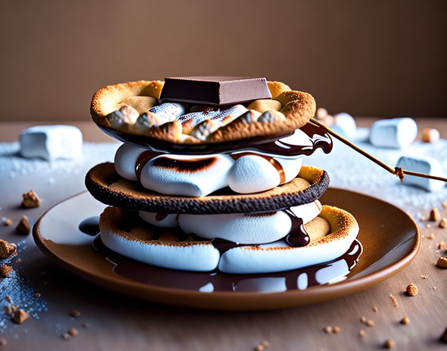 Stack of S'mores with Toasted Marshmallows and Chocolate Drizzle