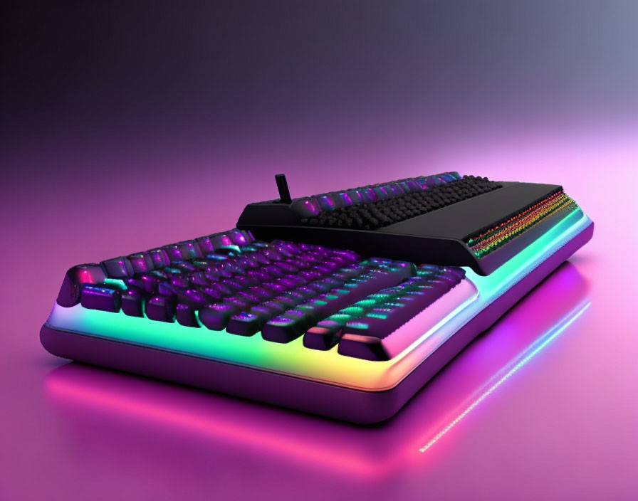 RGB Backlit Mechanical Keyboard with Purple and Pink Lights on Reflective Surface