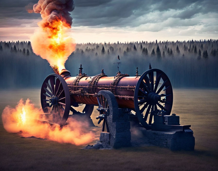 Ornate cannon firing blazing shot in twilight forest landscape