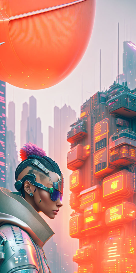 Futuristic character with mohawk and eyewear in neon cityscape