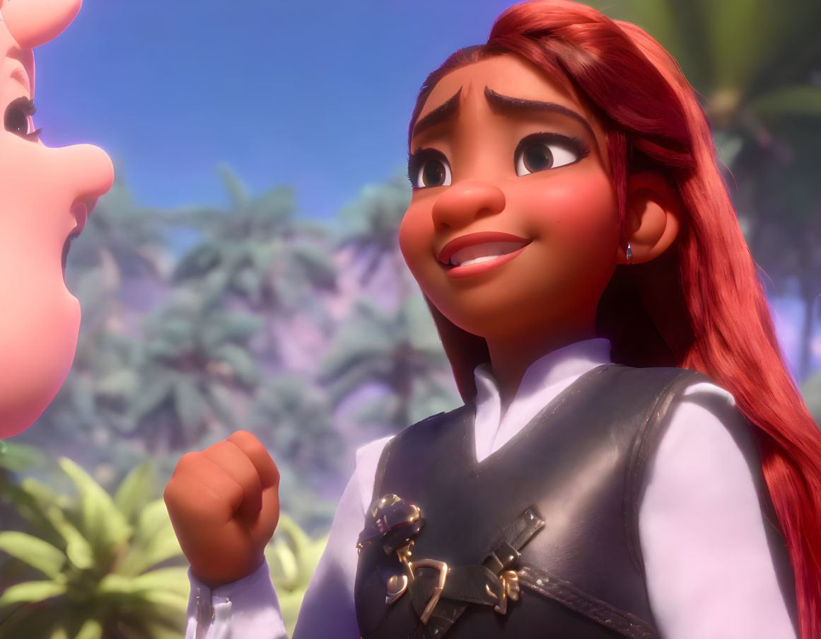 Red-haired animated girl in leather vest smiles and clenches fist in determination