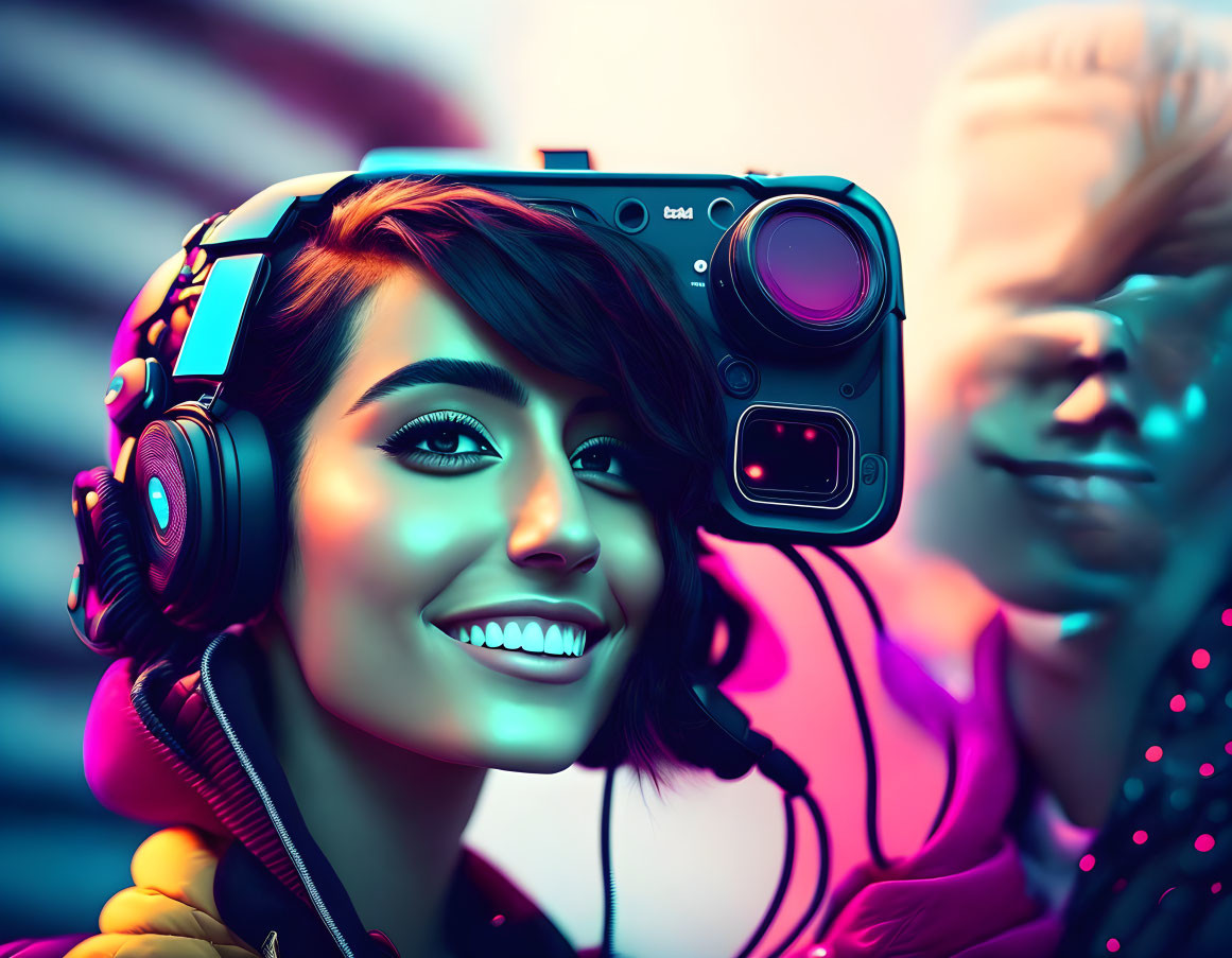 Colorful digital artwork of a smiling woman with headphones and retro camera