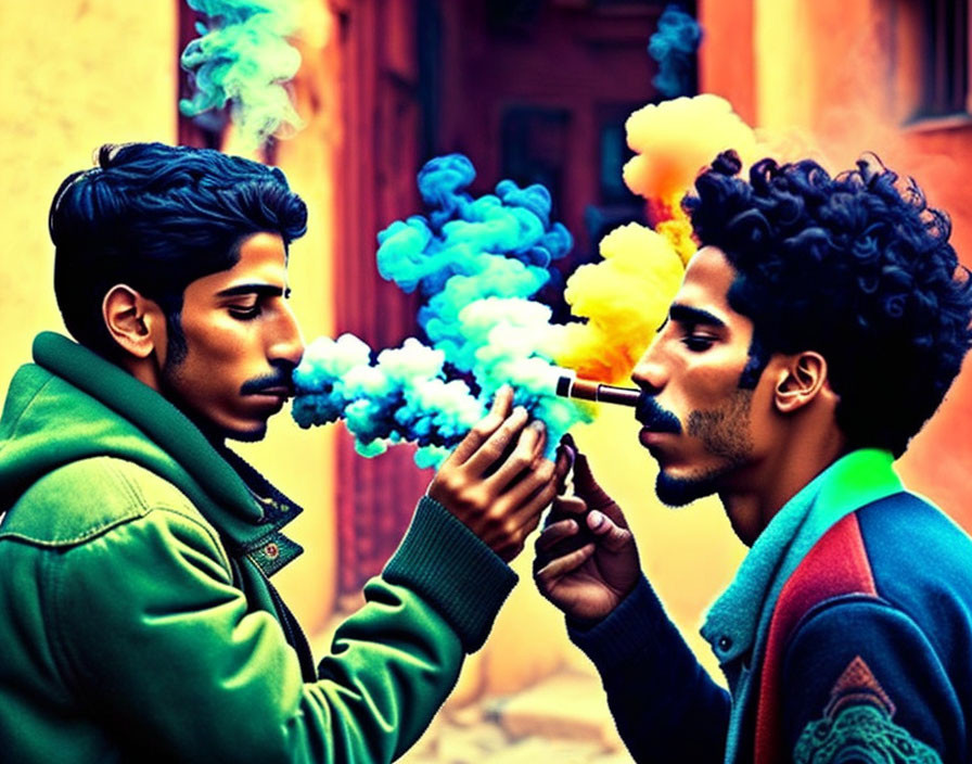 Men blowing colorful smoke in urban setting